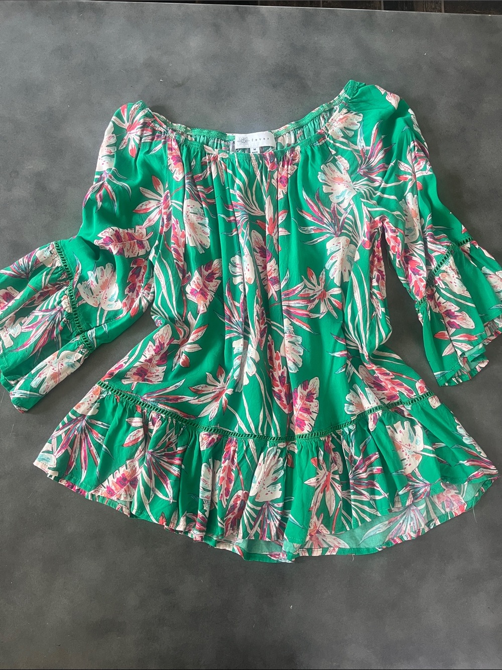 Fever Green Floral Off-Shoulder Tunic with Pink Accents